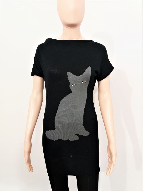 somewhat stress Serrated Bluza dama tricotata cu maneca scurta, model pisica, negru cu gri, marimea  XL